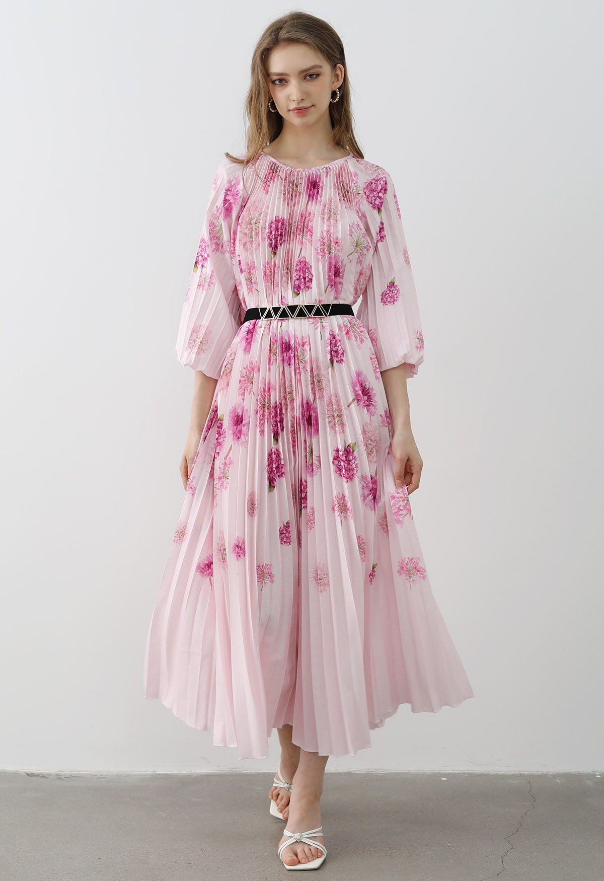 Floral Pleated Dress With Belt