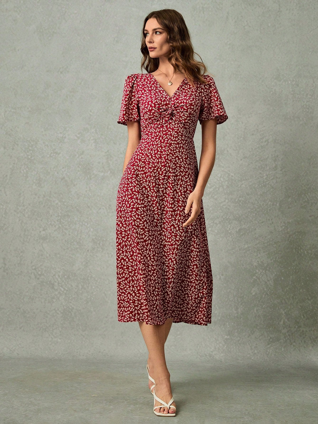 V-Neck Ditsy Floral Long Dress
