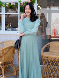 Pierre Solid Pleated Long Dress - Mint Green