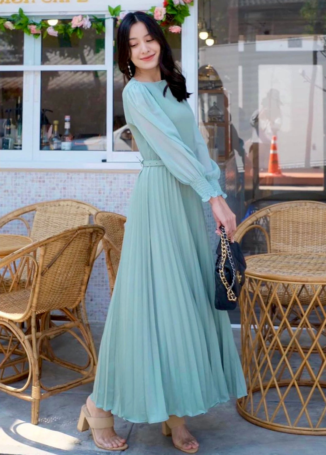 Pierre Solid Pleated Long Dress - Mint Green