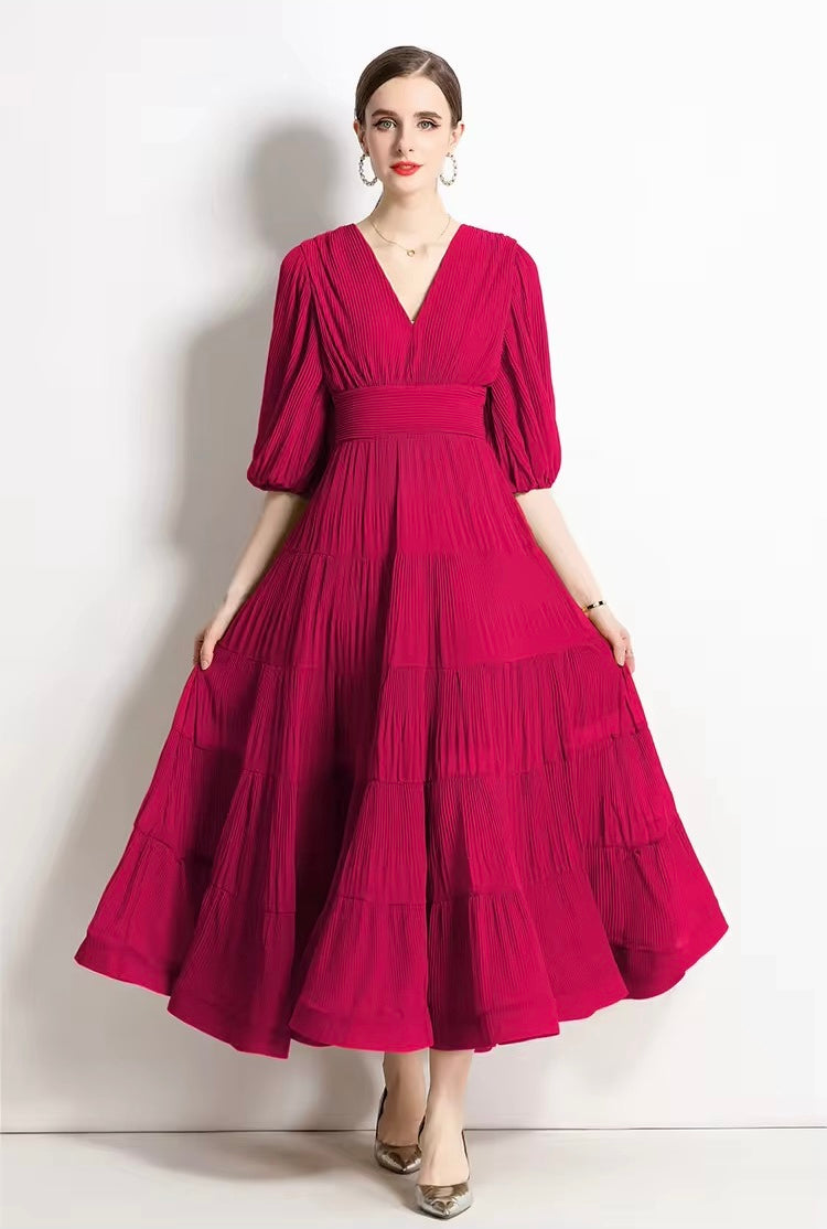 Solid Tiered Long Dress - Red