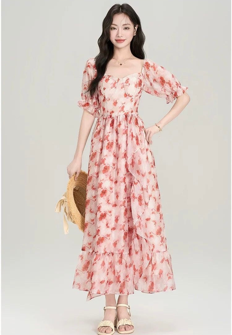 Floral Sweetheart Neck Puff Sleeve Dress