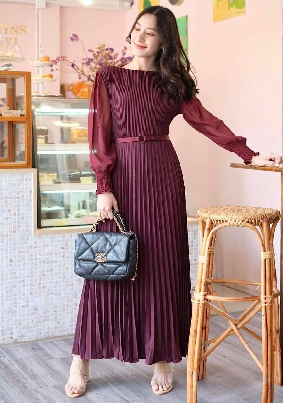 Pierre Solid Pleated Long Dress - Burgundy