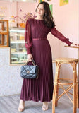 Pierre Solid Pleated Long Dress - Burgundy