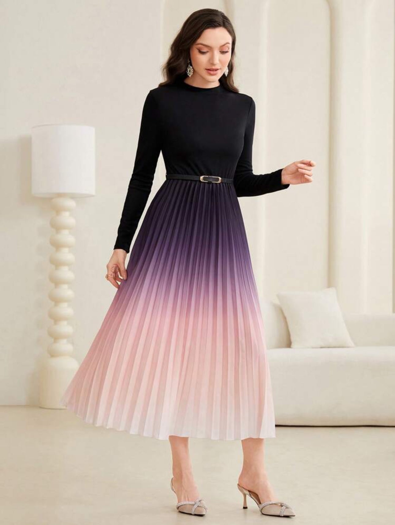 Ombre Pleated Hem Dress With Belt