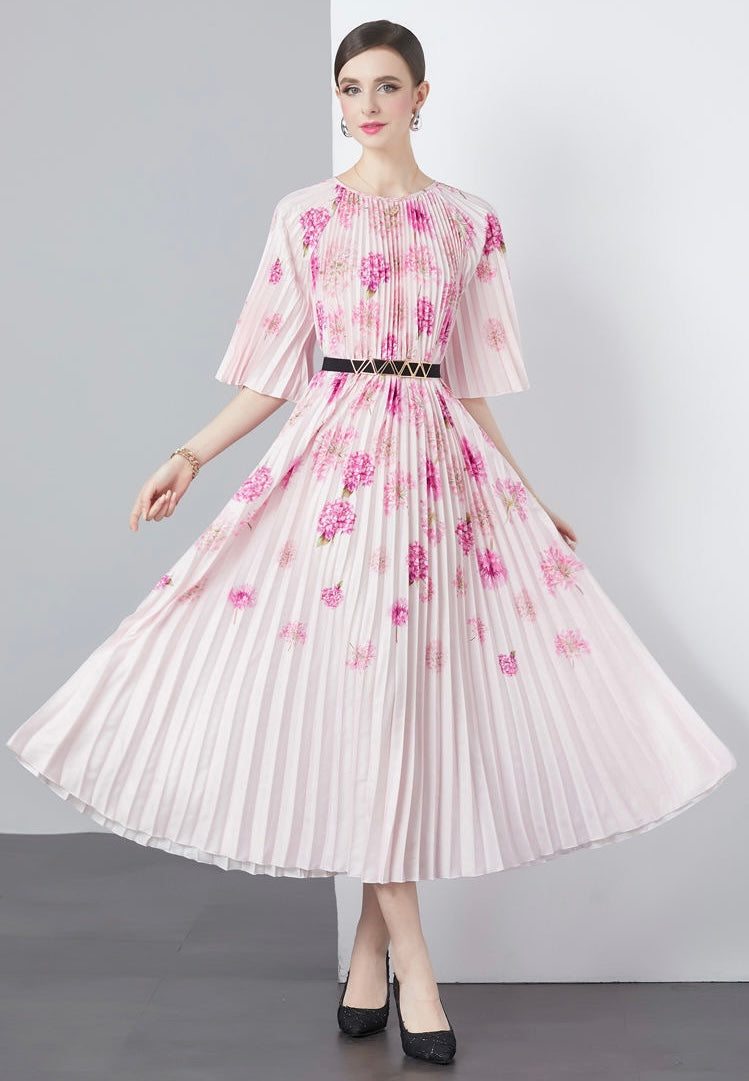 Floral Pleated Dress With Belt - Pink