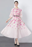 Floral Pleated Dress With Belt - Pink