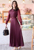 Pierre Solid Pleated Long Dress - Burgundy
