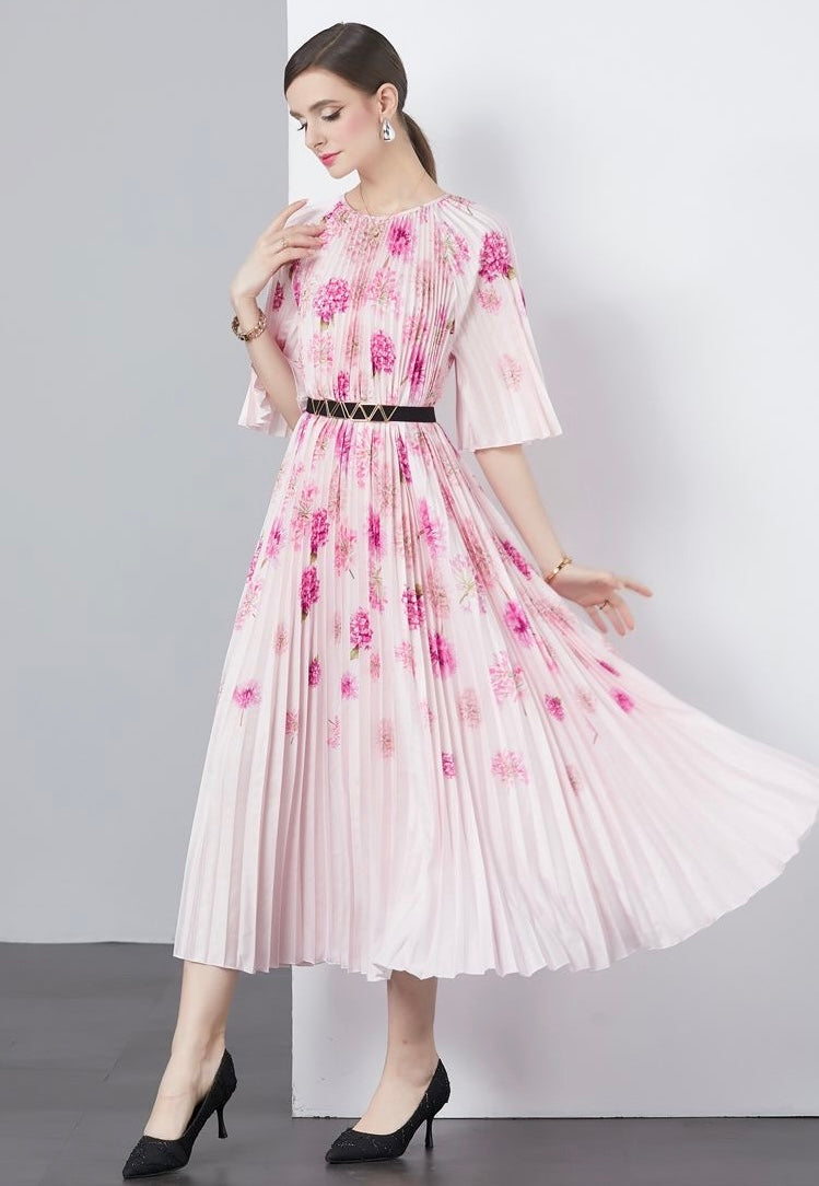Floral Pleated Dress With Belt - Pink
