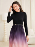 Ombre Pleated Hem Dress With Belt