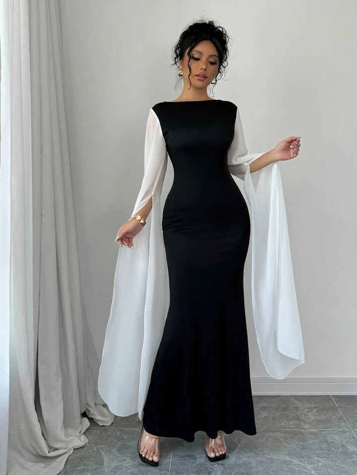 Monochrome Drape Sleeves Long Dress