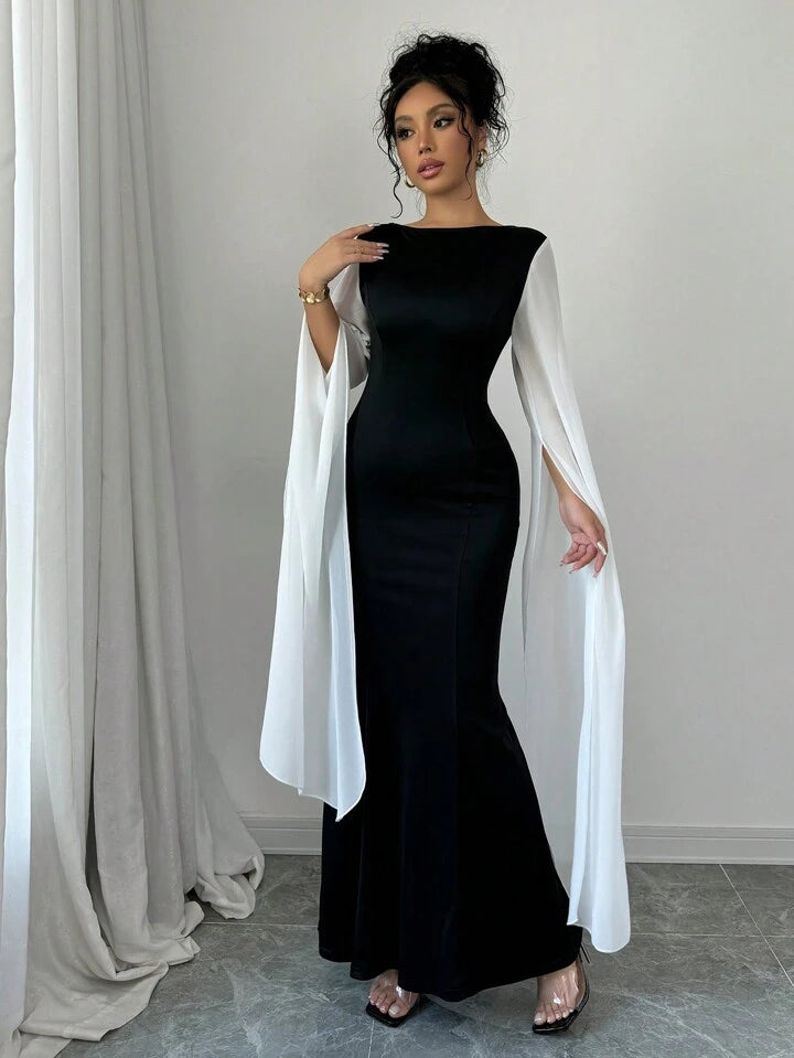 Monochrome Drape Sleeves Long Dress