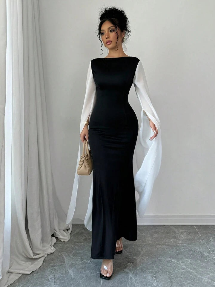 Monochrome Drape Sleeves Long Dress