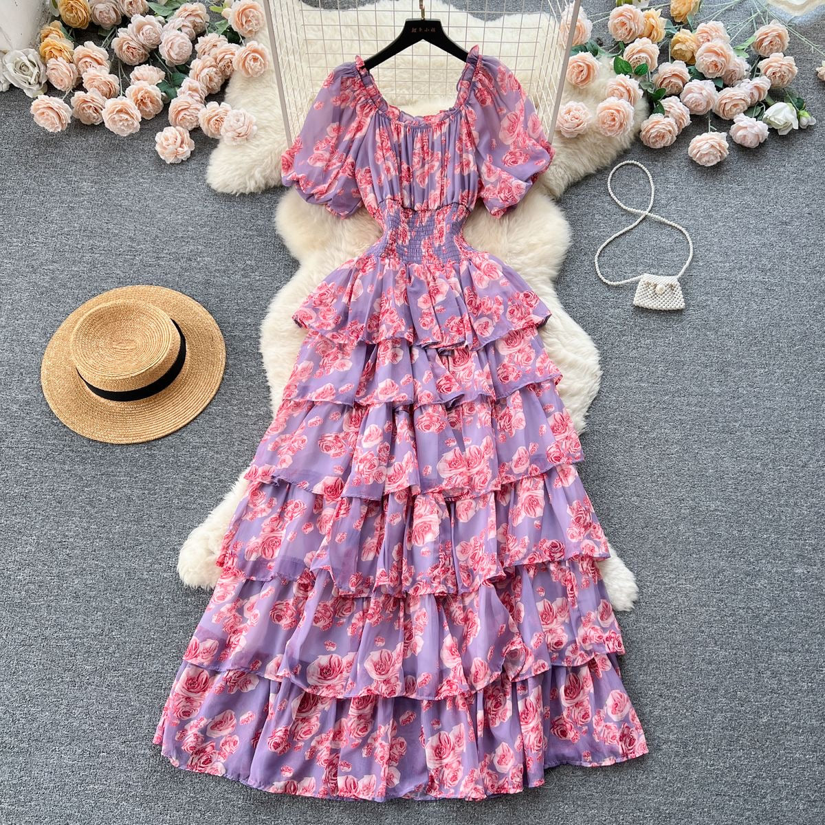 Floral Ruched Waist Layered Dress - Purple