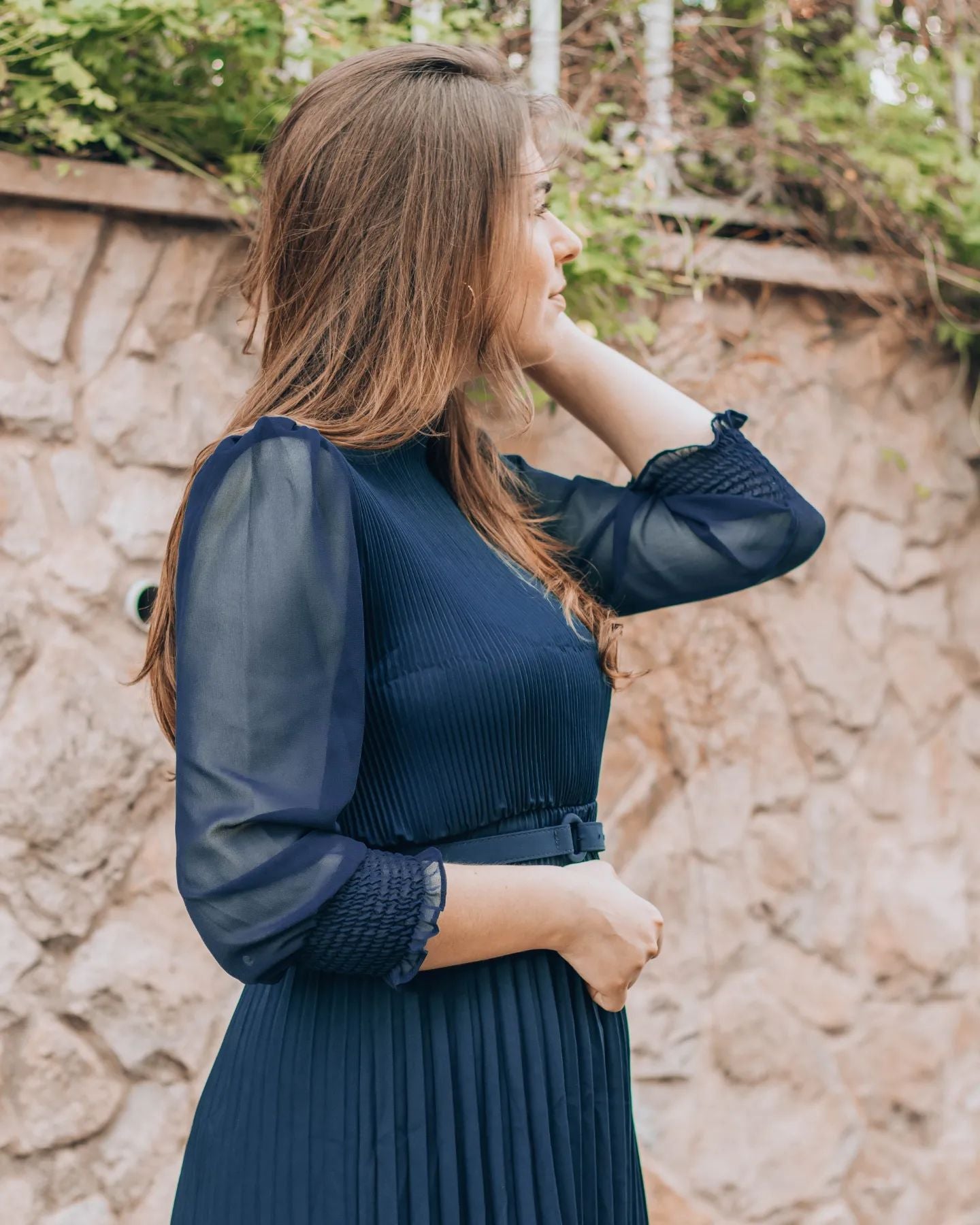 Pierre Solid Pleated Long Dress - Navy Blue