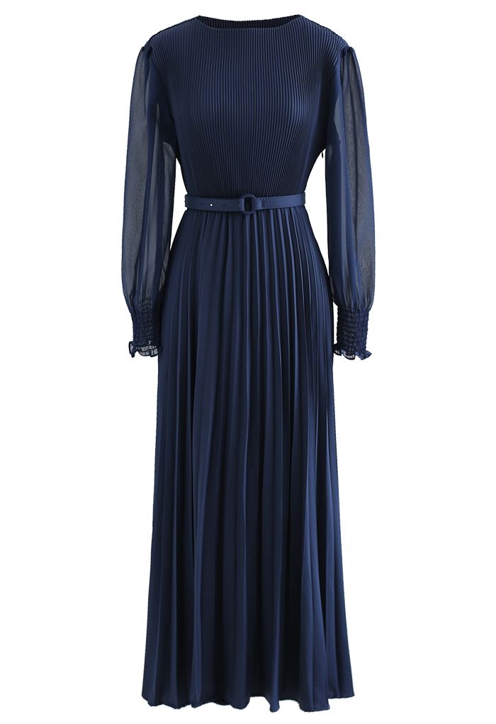 Pierre Solid Pleated Long Dress - Navy Blue