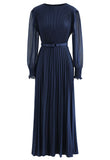 Pierre Solid Pleated Long Dress - Navy Blue