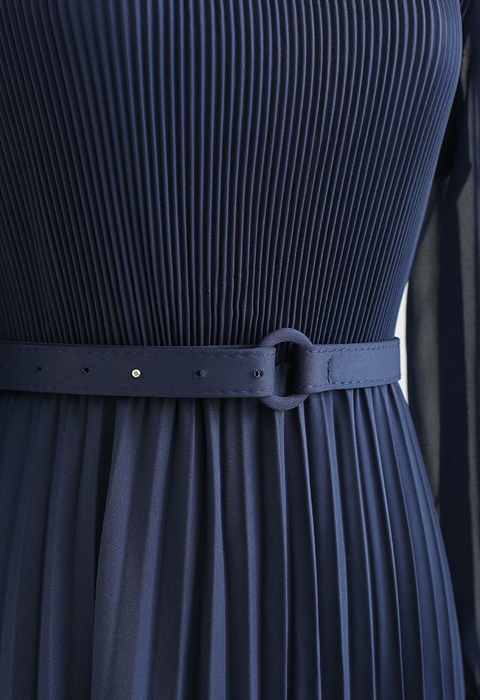 Pierre Solid Pleated Long Dress - Navy Blue