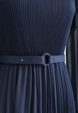 Pierre Solid Pleated Long Dress - Navy Blue