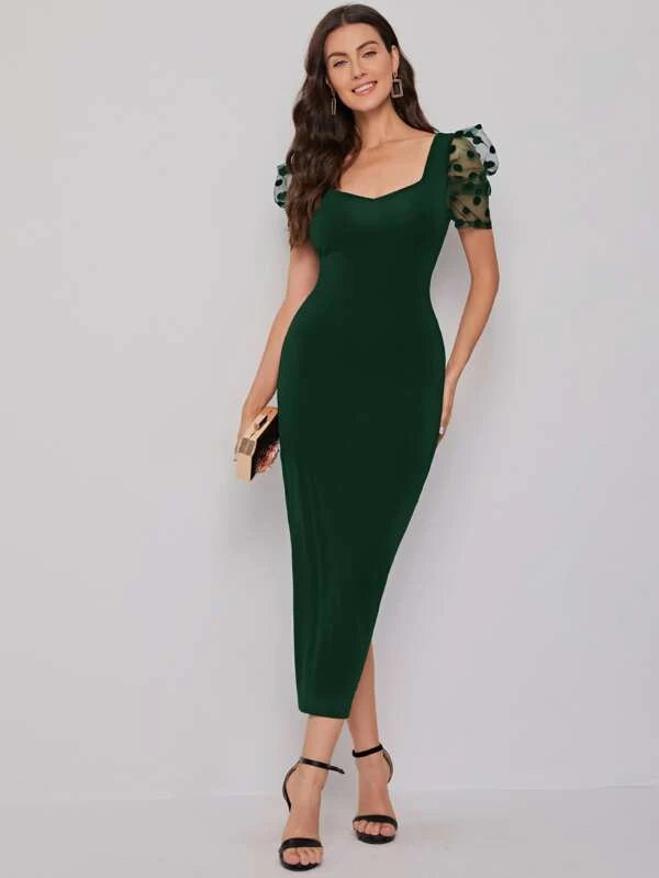 SHEIN Sweetheart Neck Mesh Puff Sleeve Dress