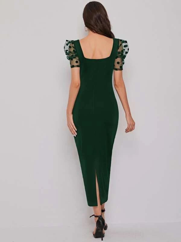 SHEIN Sweetheart Neck Mesh Puff Sleeve Dress