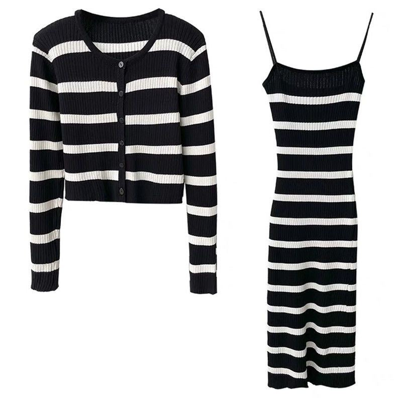 Striped Knitted Cardigan & Cami Dress Set