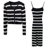 Striped Knitted Cardigan & Cami Dress Set