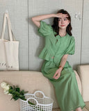 Buttoned Peplum Top & Skirt Set