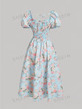 SHEIN MOD Floral Print Puff Short Sleeve Dress