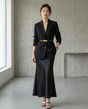 Belted Blazer & Satin Skirt Set