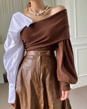 Off-Shoulder Colour Contrast Blouse - Brown
