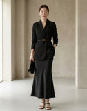 Belted Blazer & Satin Skirt Set