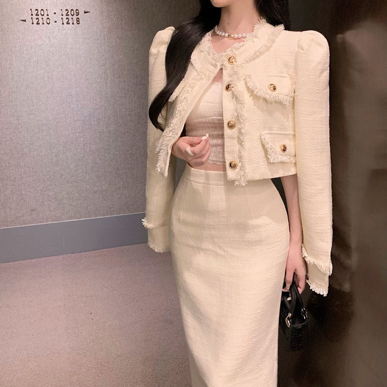 Tweed Blazer & Skirt Set - Cream White