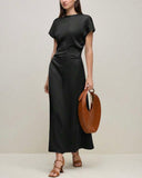 Solid Ruched Waist Satin Dress