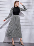 Houndstooth Print Puff Sleeve Long Dress