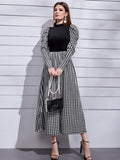 Houndstooth Print Puff Sleeve Long Dress