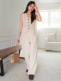 Solid Vest & Pants Set - Beige