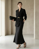 Belted Blazer & Satin Skirt Set