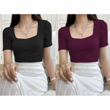 Pack of 2 Rib-Knit Square Neck Tops - Short Sleeves
