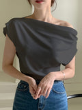 SHEIN DAZY Solid Asymmetrical Neck Batwing Sleeve Tee