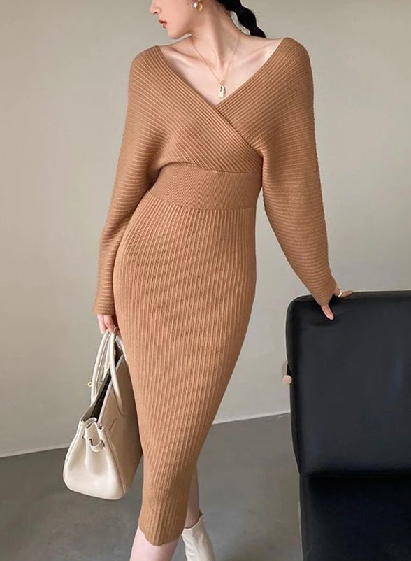 Wrap Knit Sweater Dress - Brown