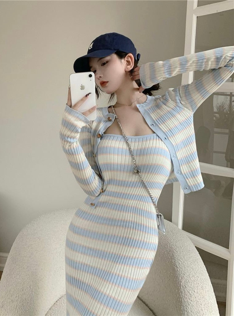 Striped Pattern Cardigan & Cami Dress Set - Blue