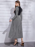 Houndstooth Print Puff Sleeve Long Dress