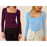 Pack of 2 Rib-Knit Square Neck Tops - Full Sleeves
