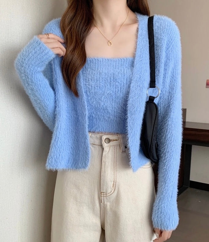 Fuzzy Knit Cardigan & Cami Set - Blue - Blue / Standard