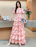 Floral Ruched Waist Layered Dress - White