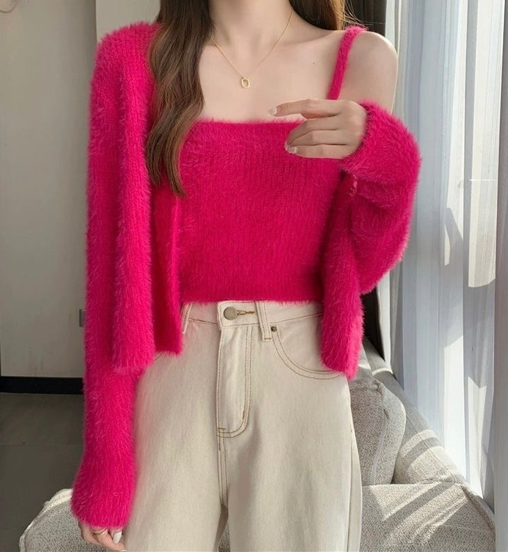 Fuzzy Knit Cardigan & Cami Set - Hot Pink