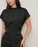 Solid Ruched Waist Satin Dress