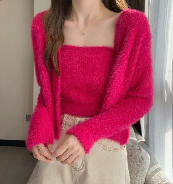 Fuzzy Knit Cardigan & Cami Set - Hot Pink