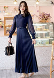 Pierre Solid Pleated Long Dress - Navy Blue